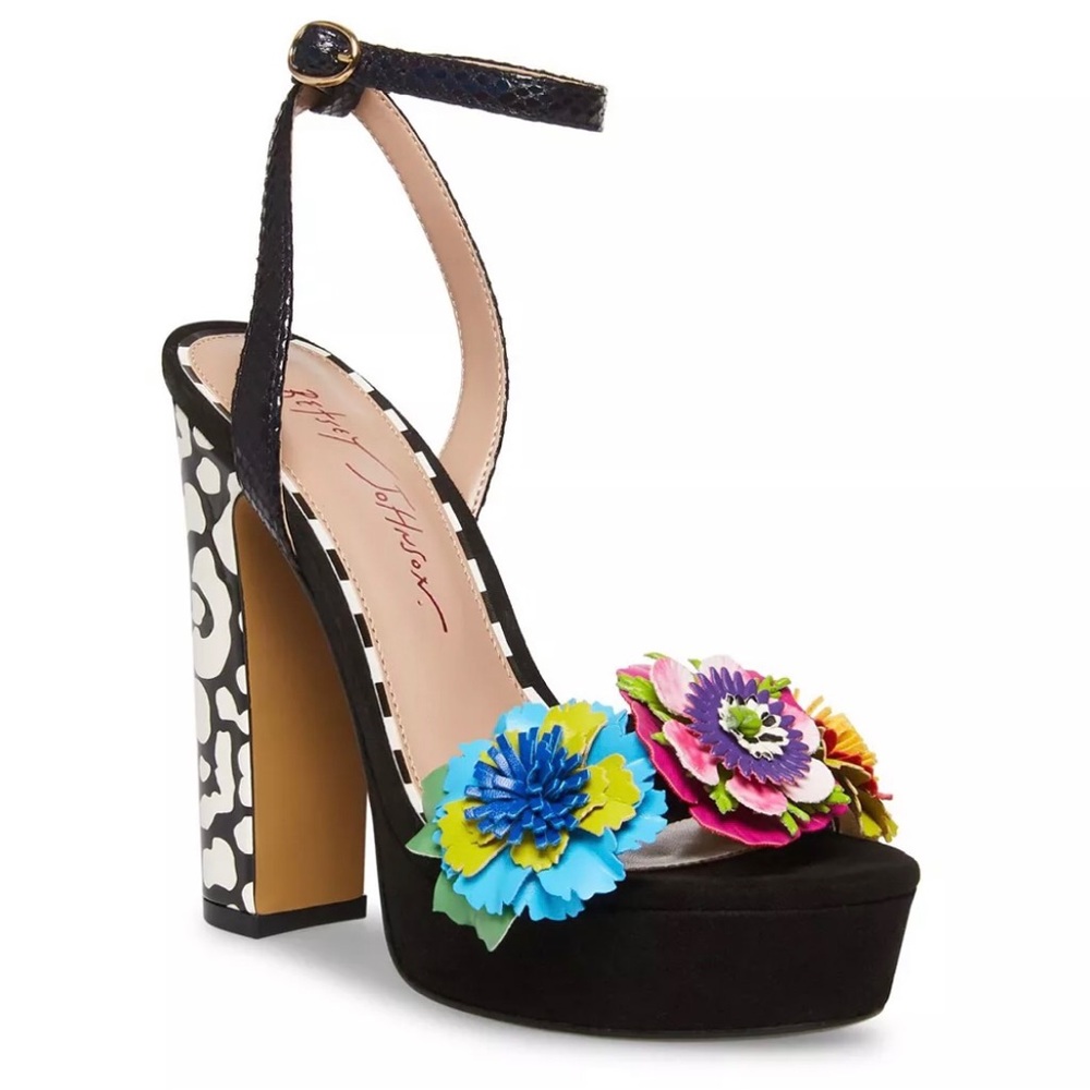 Worn once  Women’s Betsey Johnson Milana Black Floral Dress Sandals Heels